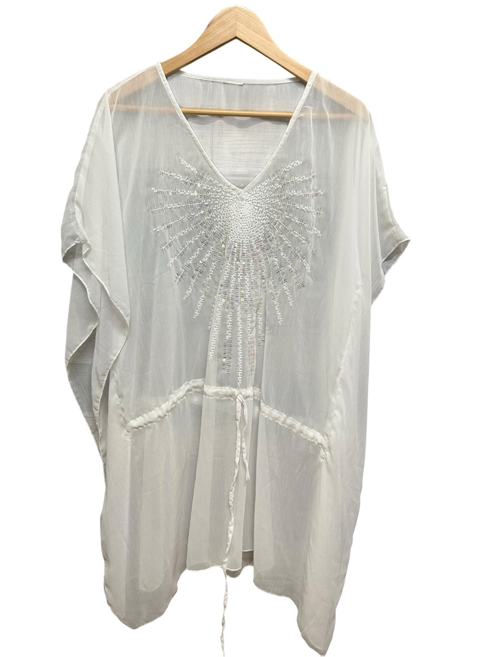 White Polyester Chiffon Sequin Embroidered Front Beach Cover Up Size OS